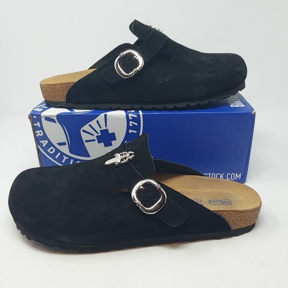 Birkenstock Boston Clog Sandals Shoes Mens Size 11 44 Black Suede Soft Footbed